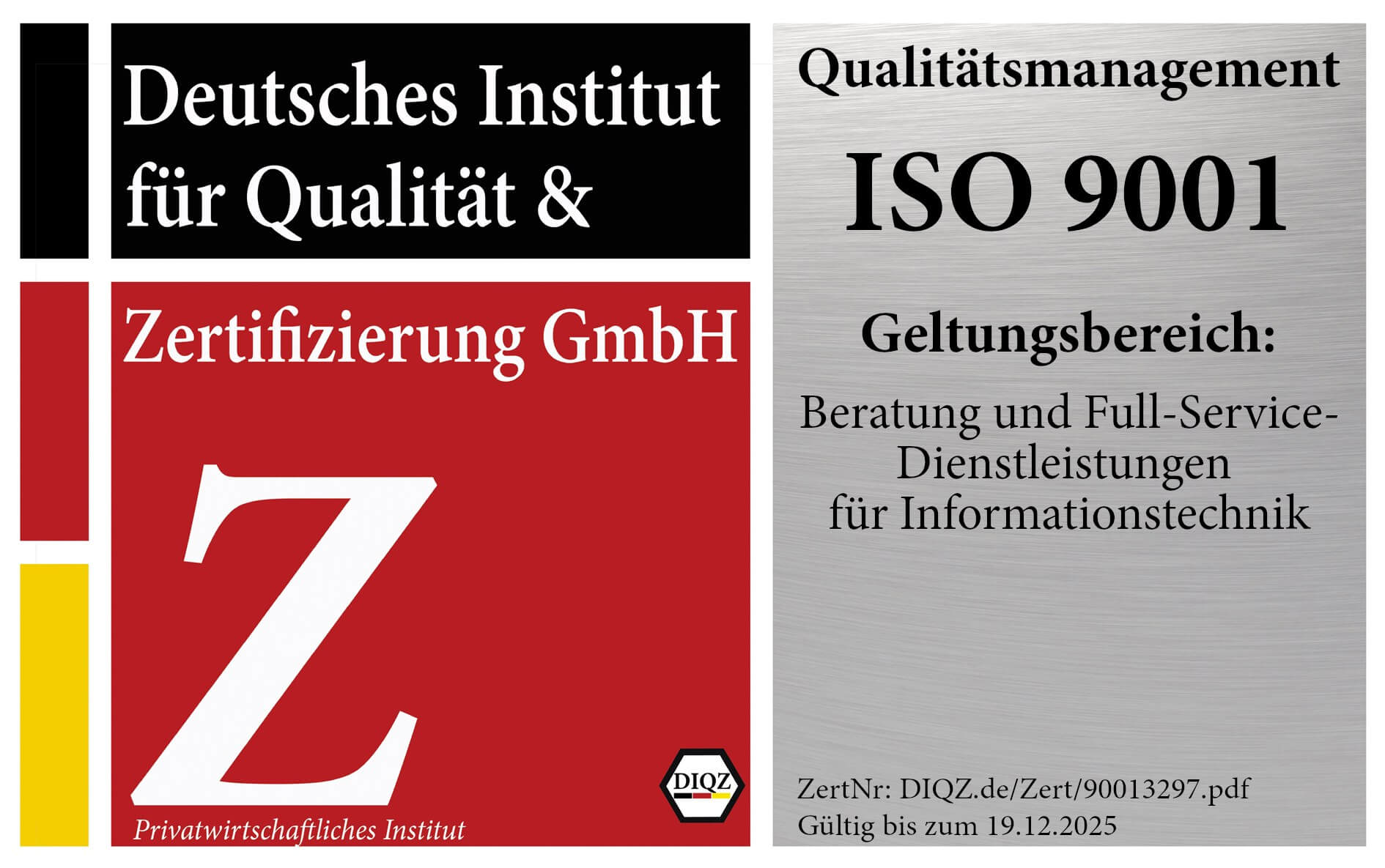 ISO 9001 Zertifikat der Gigahertz GmbH.