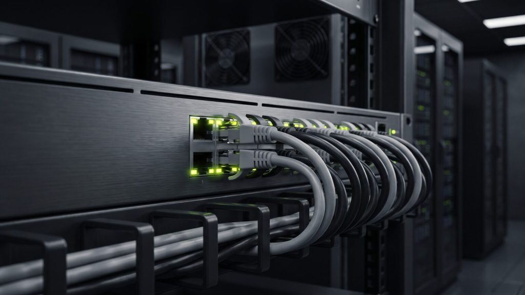 Netzwerk-Switch mit gepatchten Kabeln und Link-LEDs
