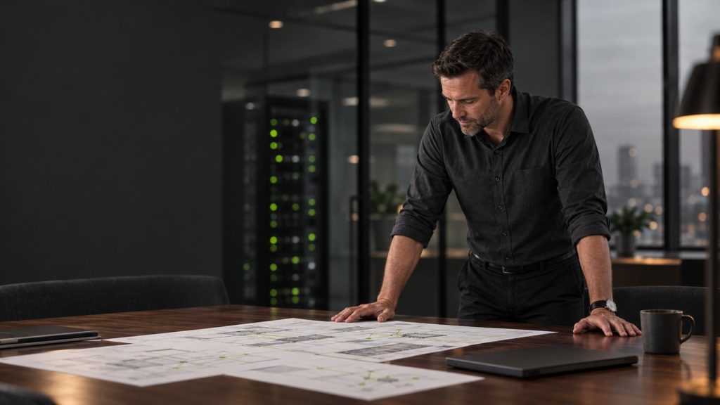 Netzwerkplaner prüft ausgedruckte Standortpläne für die SD-WAN-Implementierung im Mittelstand, im Hintergrund ein Rack mit grünen Status-LEDs
