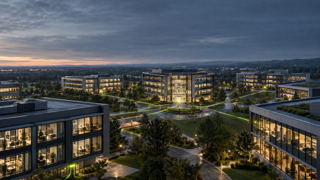Bürocampus in der Dämmerung, leuchtende Glasfasertrassen verbinden mehrere Gebäude zu einem gemeinsamen Campus-Netzwerk