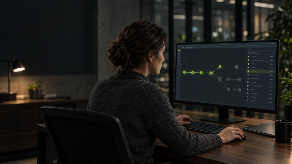 Analystin untersucht am Monitor eine Prozesskette in einer XDR-Konsole, Sinnbild für die Migration vom Virenscanner auf Cortex XDR